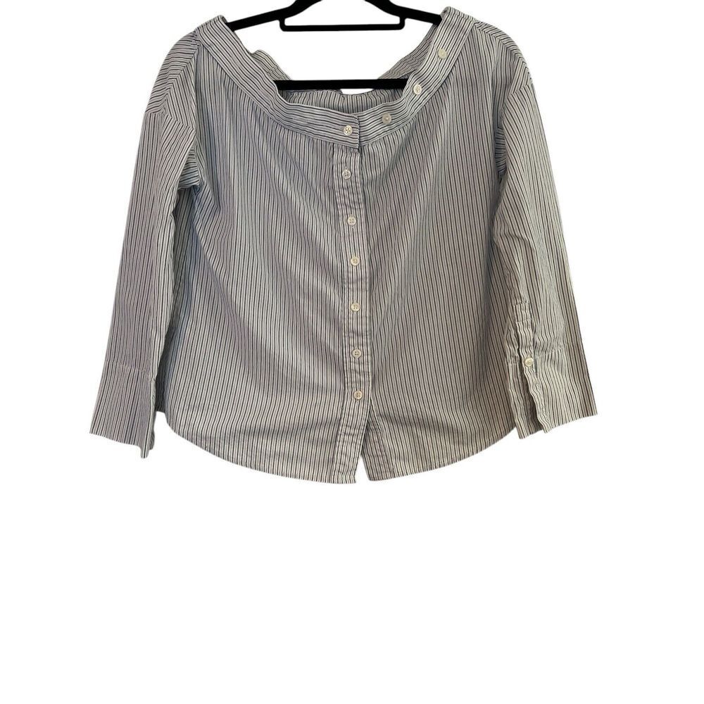 VETTA Women's‎ Blue White Stripe V-Neck Blouse Off Shoulder Small